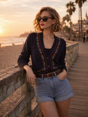 Huntington Ridge Embroidered Navy V-Neck Cardigan Sweater M